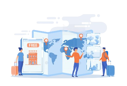 an illustration showing travellers, map and hotel booking on smartphone screen